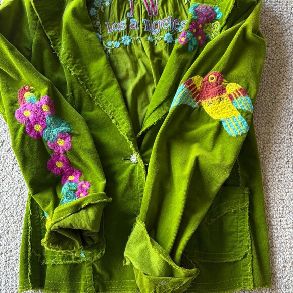 Johnny Was M Green Corduroy Embroidered Jacket Wearable Art Birds Heart - Picture 9 of 15